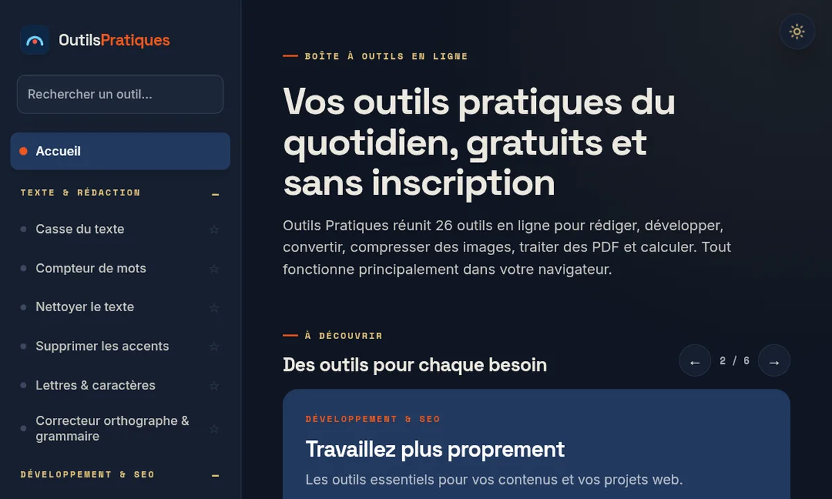 Page d'accueil d'Outils Pratiques, boîte à outils en ligne gratuite et sans inscription