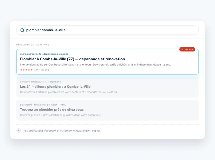 Résultat de recherche Google local montrant le site internet d'un artisan de Seine-et-Marne positionné sur une requête de proximité